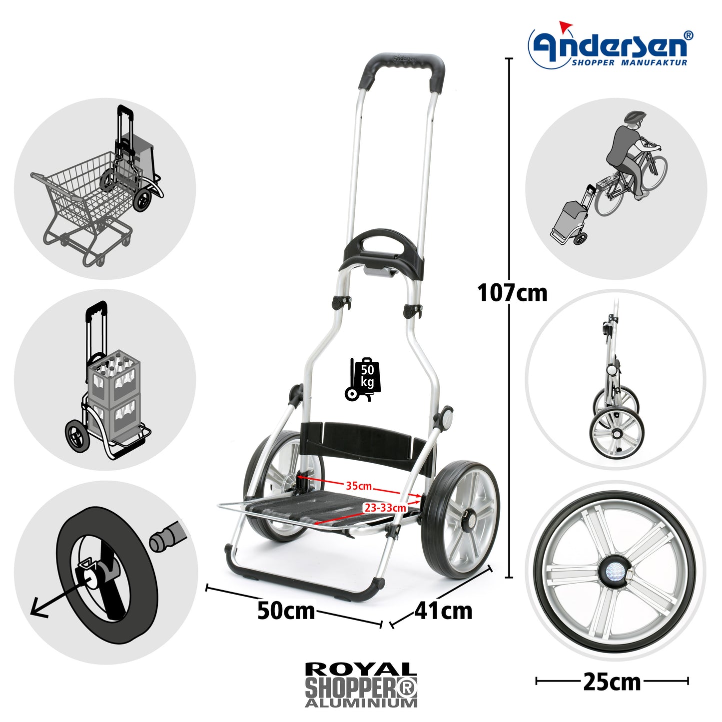 Royal Shopper Hydro 2.1 grau kugelgelagerte leichtlaufende abnehmbare Räder - 25 cm