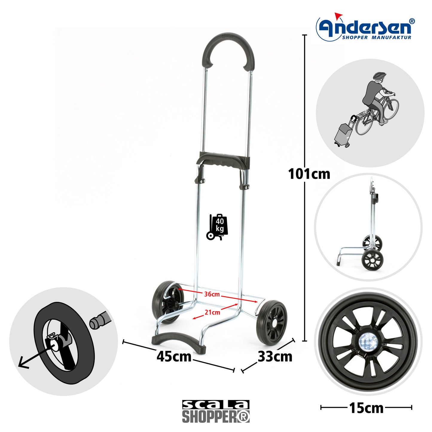 Scala Shopper Elik schwarz leichtlaufende abnehmbare Räder - 15 cm