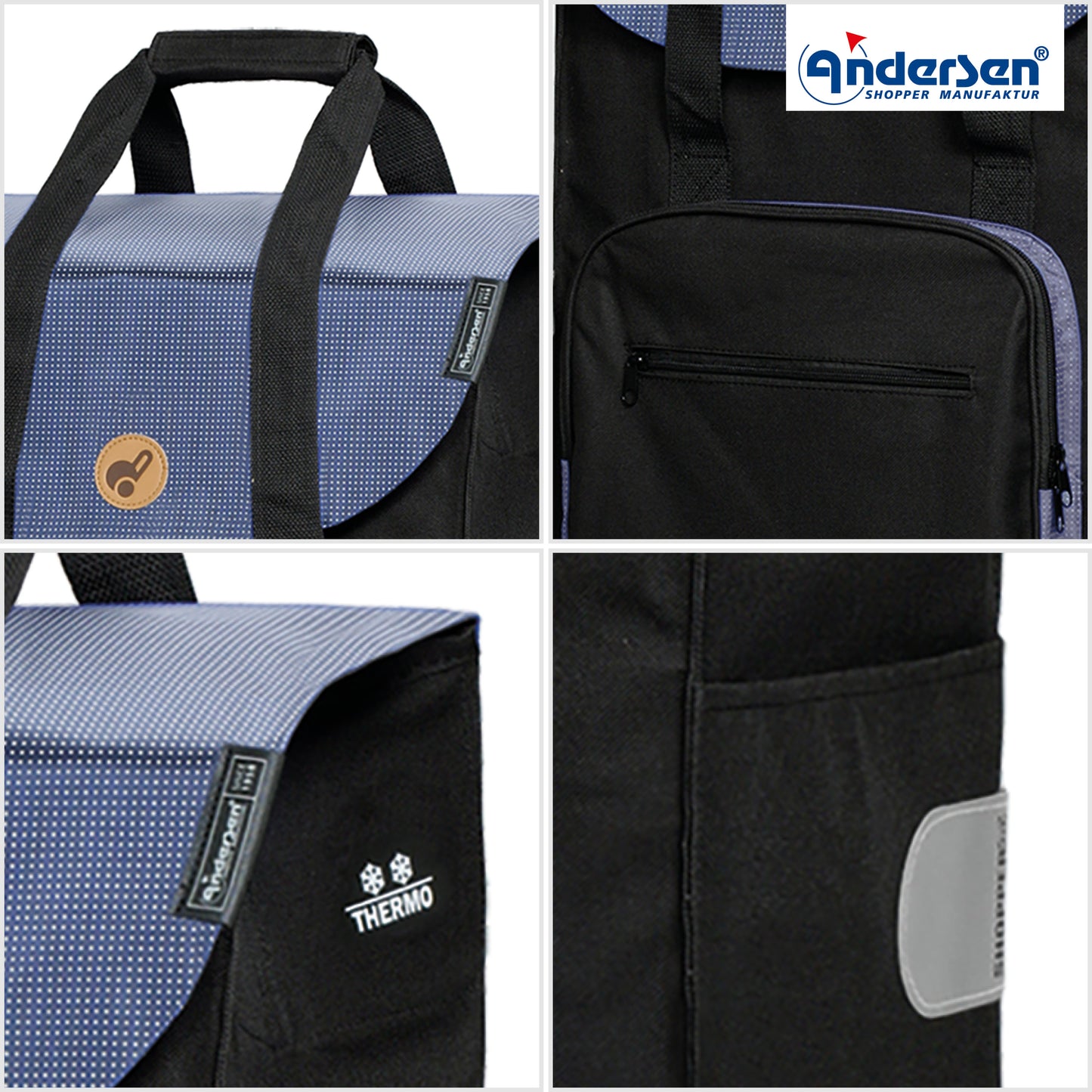 Exklusiv Andersen Einkaufstrolley - Treppensteiger Royal Shopper Stahlgestell Wismar schwarz/blau 45 leichtlaufende abnehmbare Räder - 13 cm